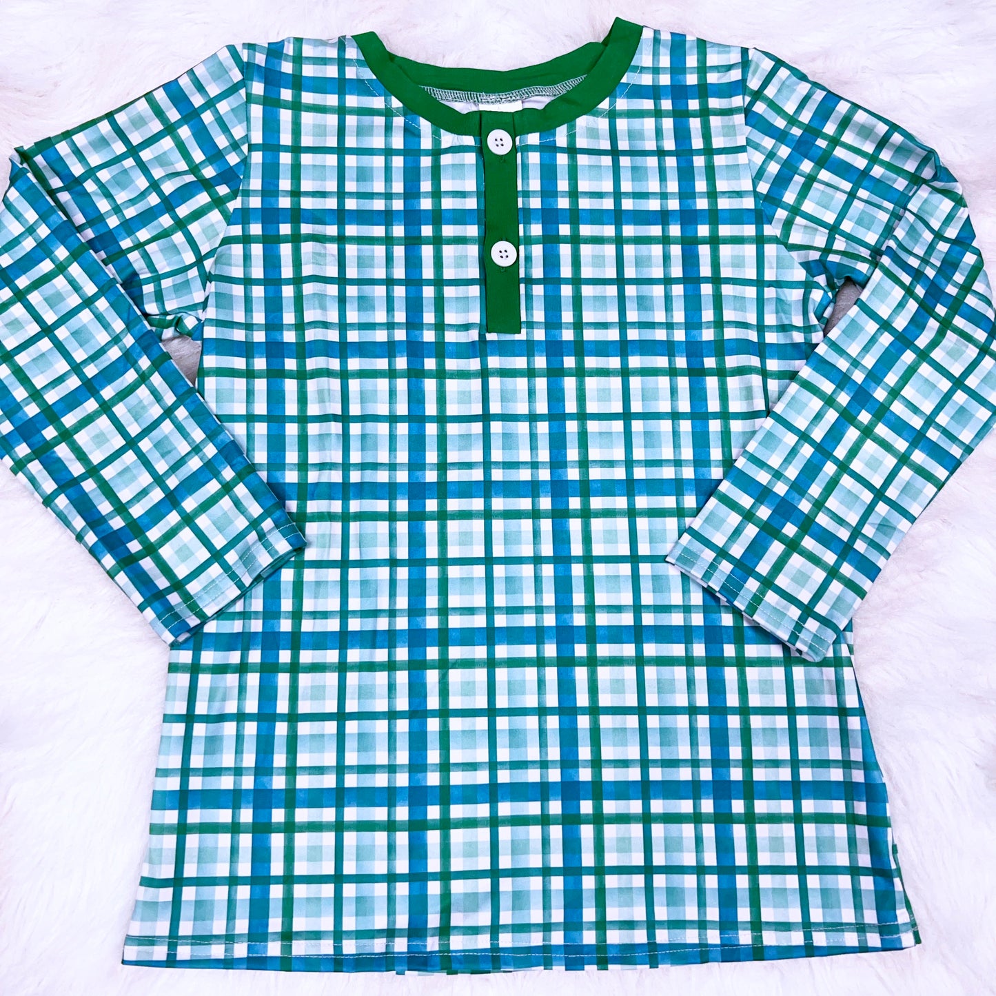 Long Sleeve Green Gingham Pocket Henley