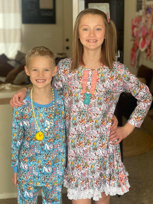 Easter Friends Long Sleeve Lace Pajama Dress