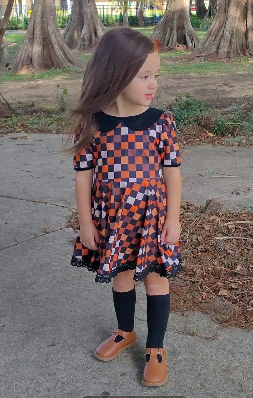 Fall Checker Vintage Collar Lace Dress