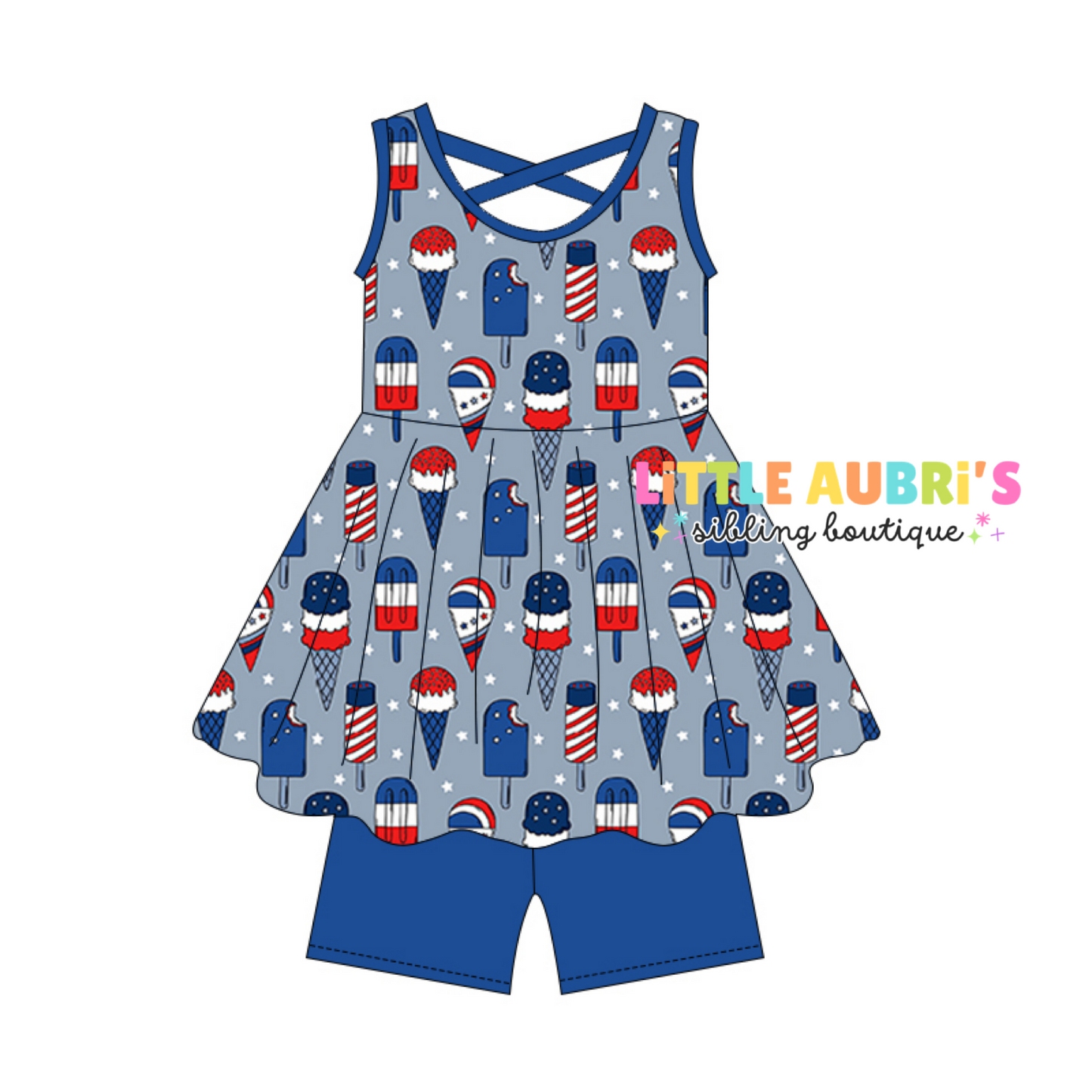 PATRIOTIC ICE CREAM Cross Back Tunic Short Set (*SHIPS EARLY JUNE)