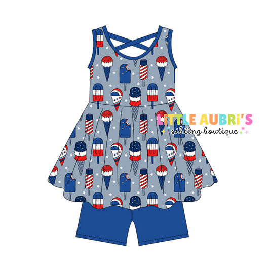 PATRIOTIC ICE CREAM Cross Back Tunic Short Set