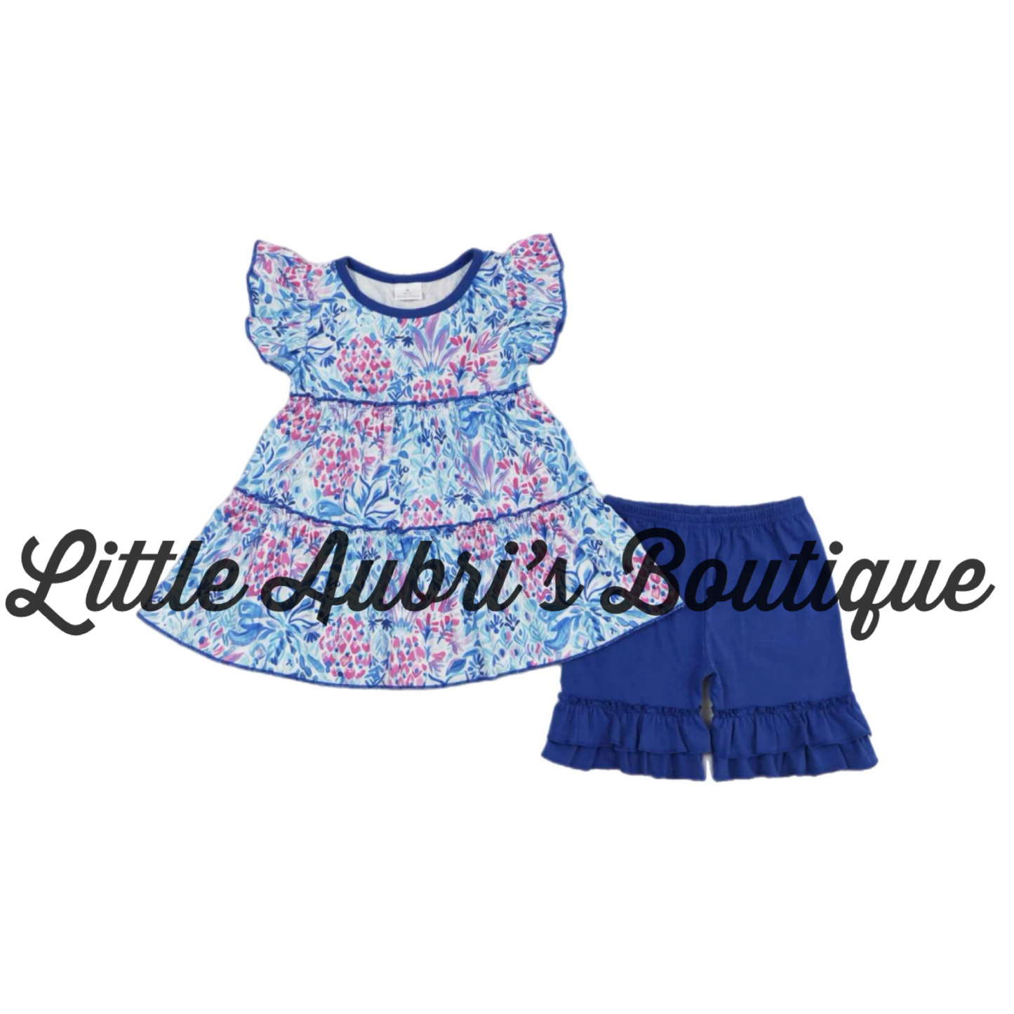 Blue Floral Ruffle Short Set ETA Early Sept