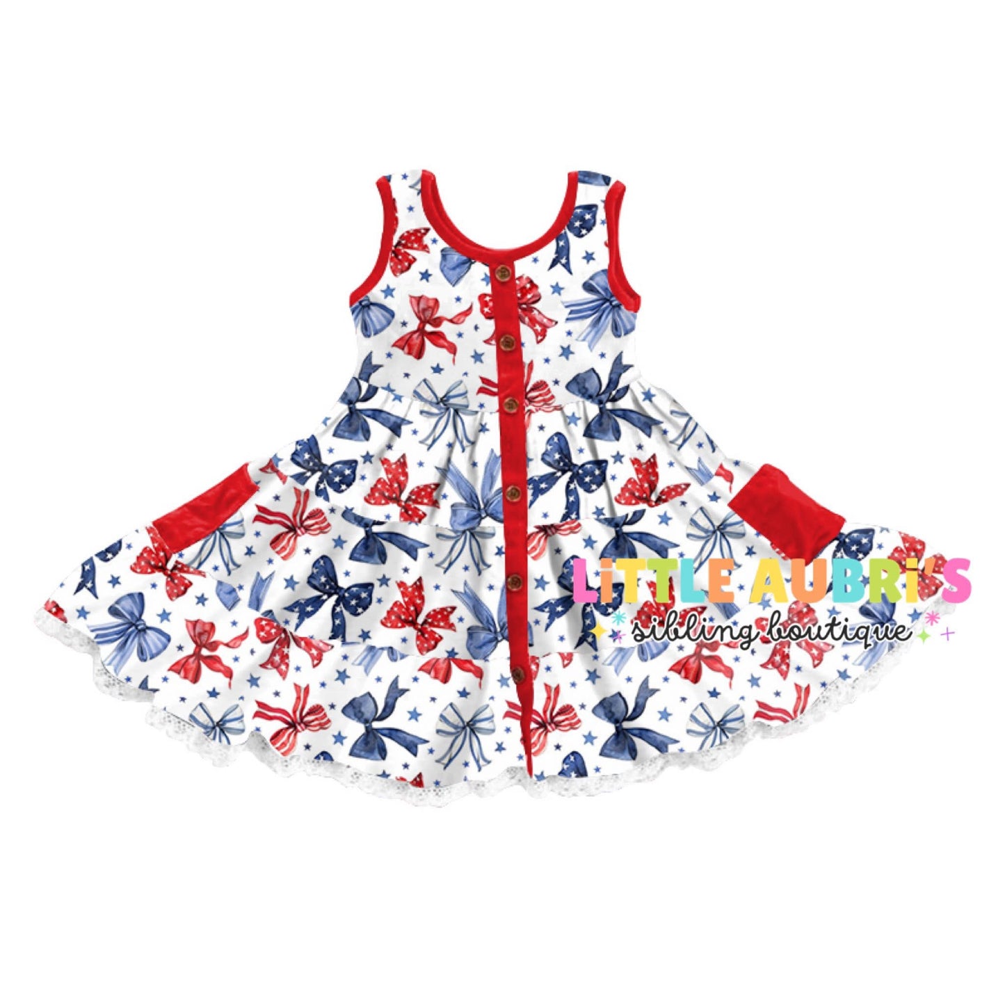 PATRIOTIC BOWS Tiered Lace Pocket Dress
