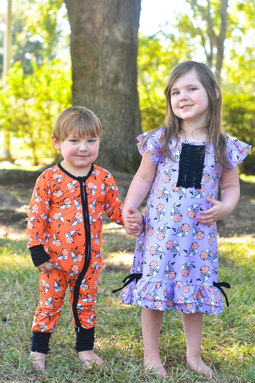Purple Spooky Milk and Cookies Ruffle Pajama Dress