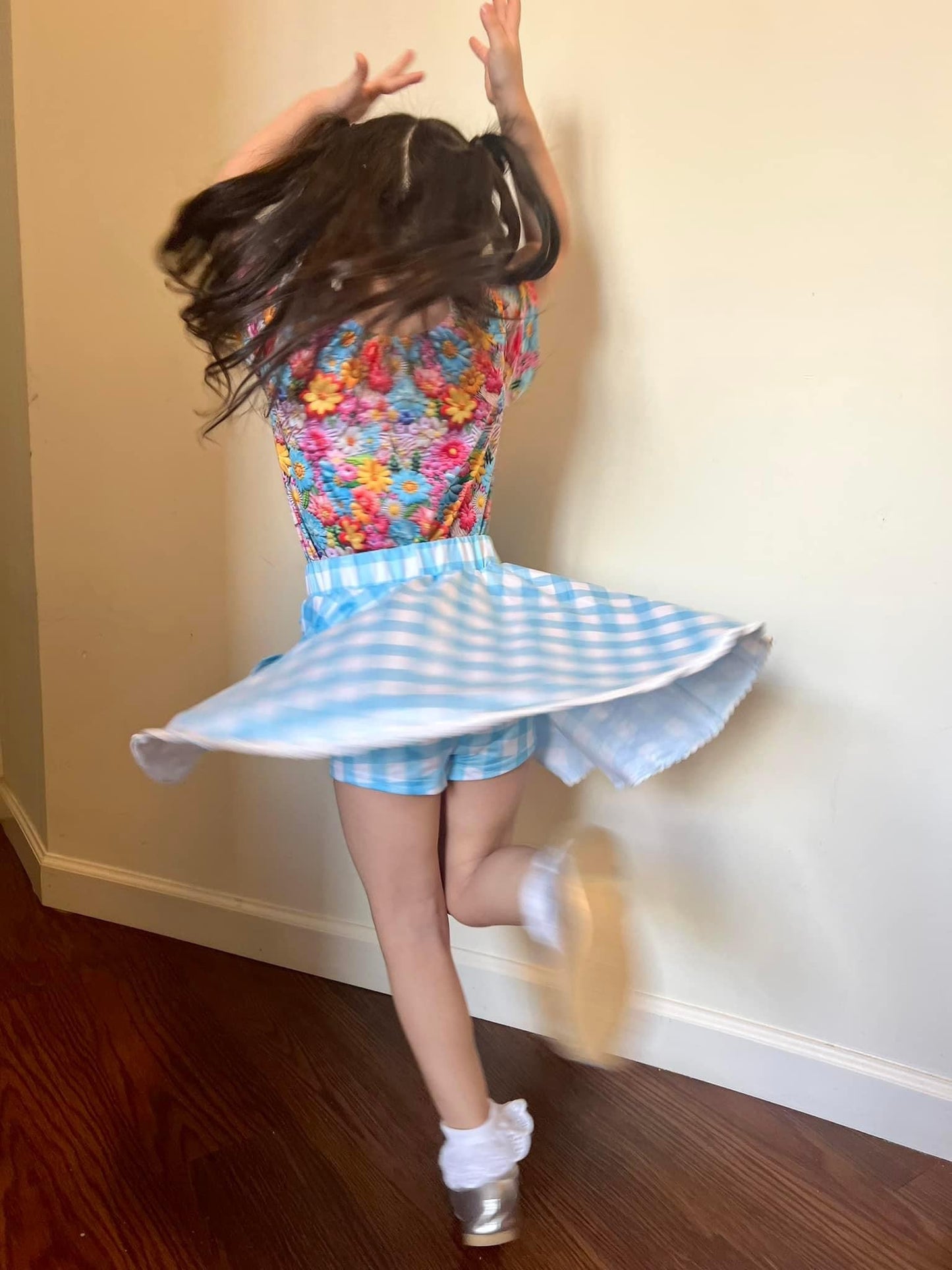 Blue Gingham Lace Pocket Skirt with Built in Shorts