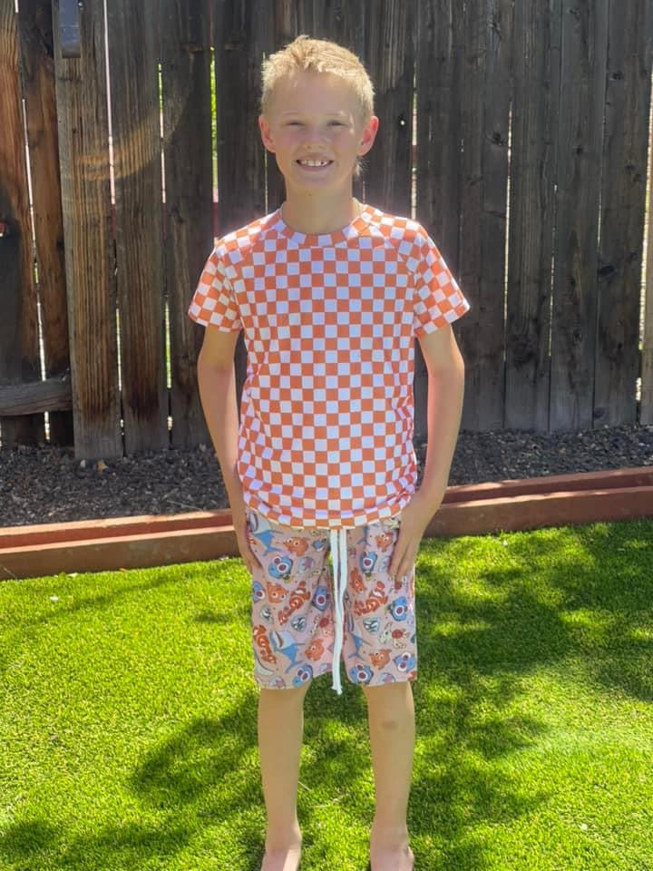 Neon Orange Checkerboard Rash Guard Top