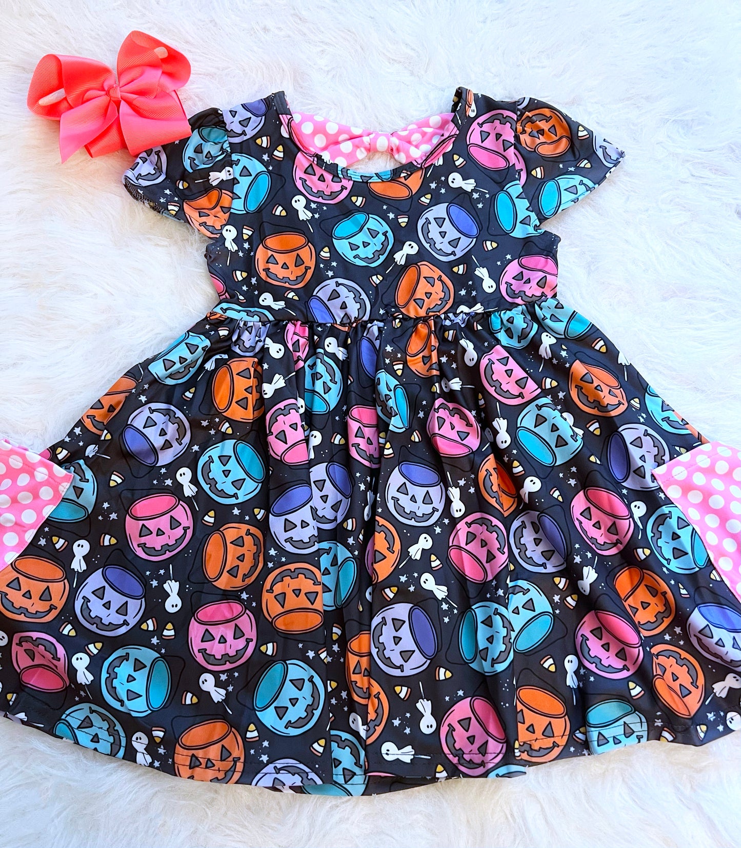 Pastel Pumpkin Pails Bow Back Pocket Dress