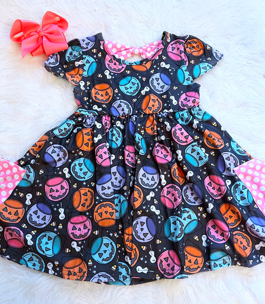 Pastel Pumpkin Pails Bow Back Pocket Dress