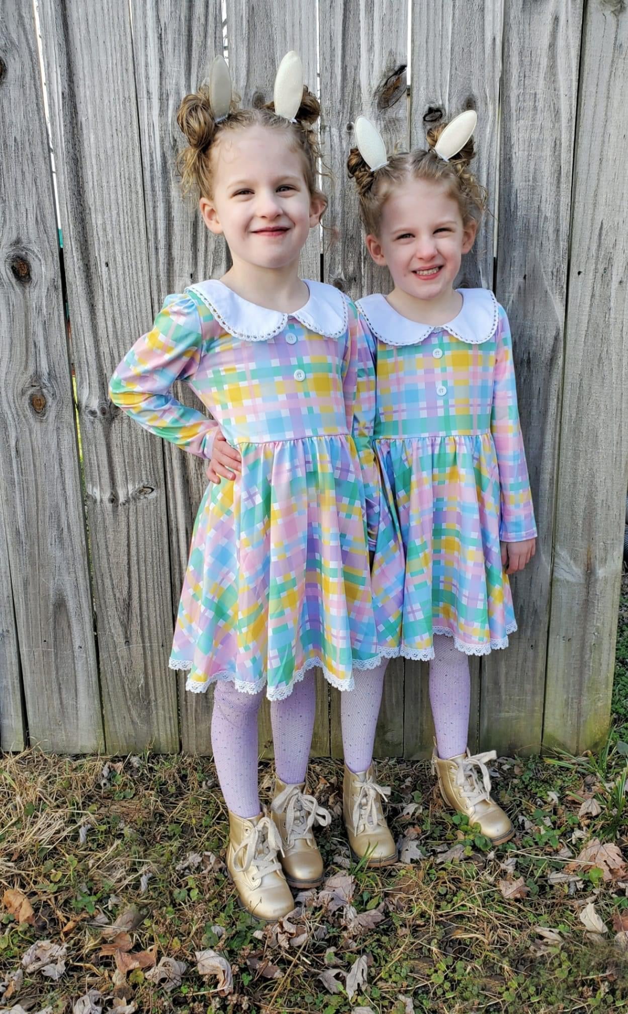 Pastel Plaid Long Sleeve Collar Lace Dress