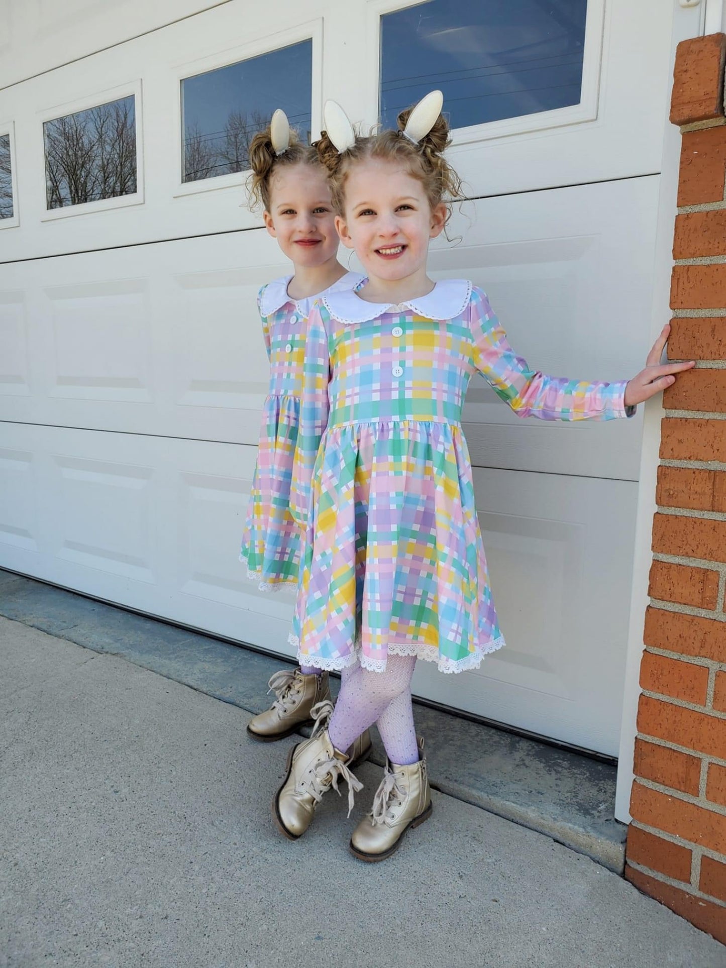 Pastel Plaid Long Sleeve Collar Lace Dress