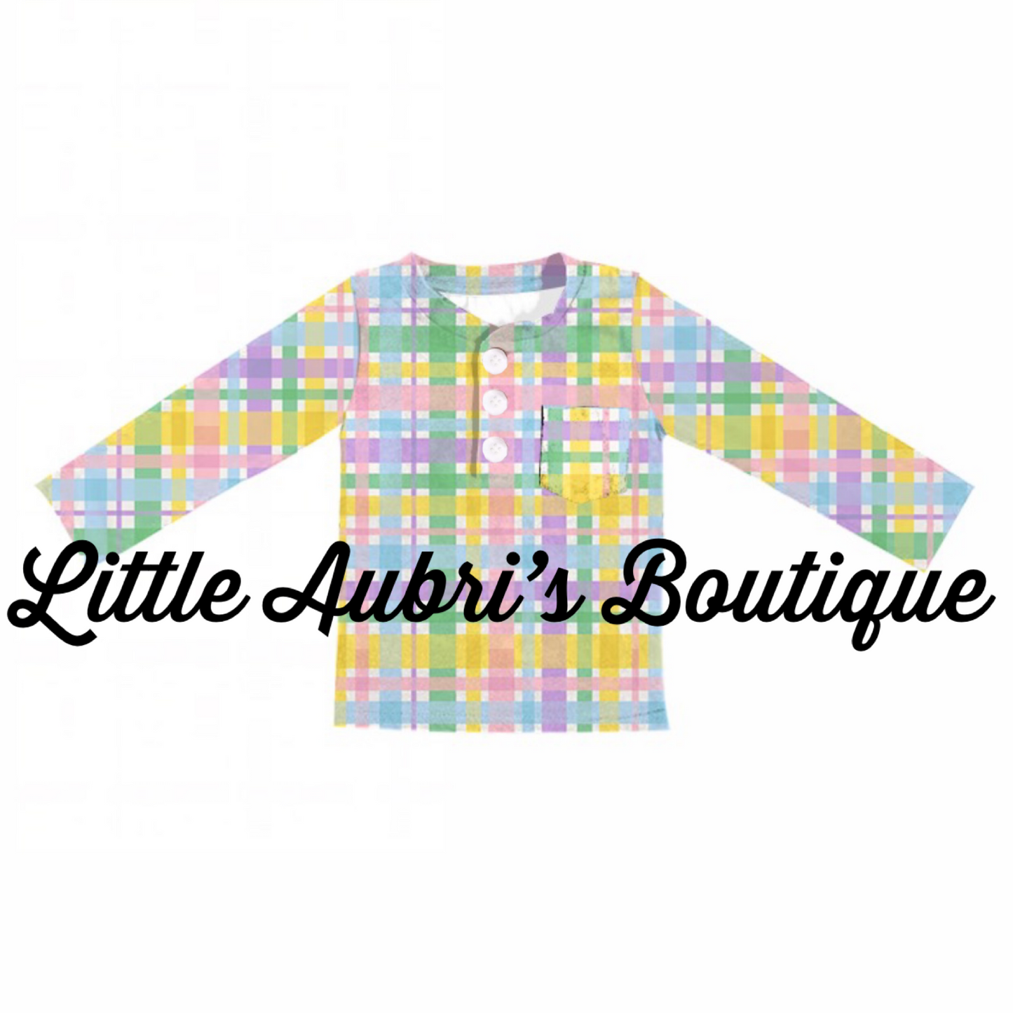 Pastel Plaid Long Sleeve Pocket Henley