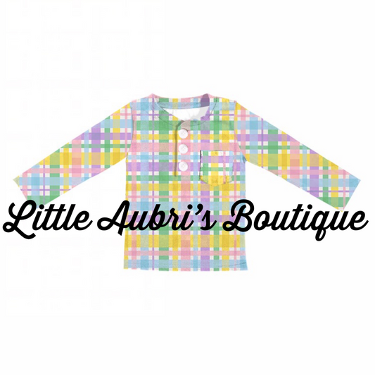 Pastel Plaid Long Sleeve Pocket Henley