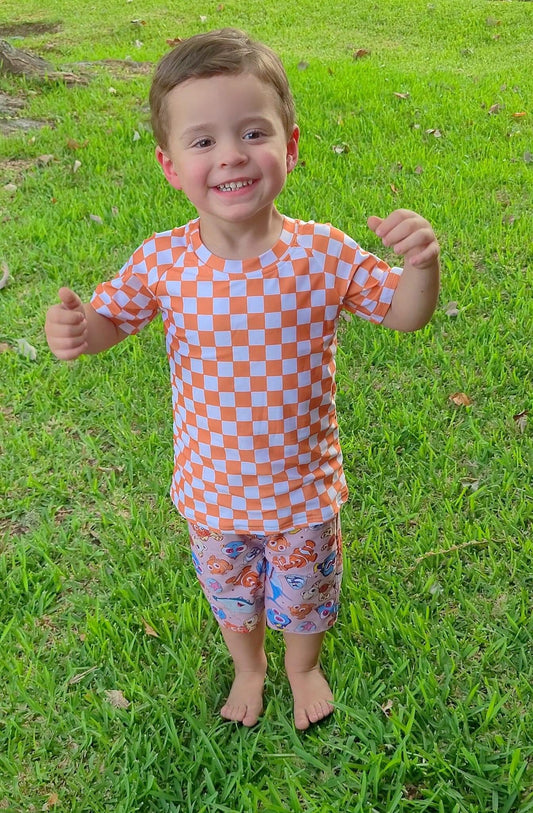 Neon Orange Checkerboard Rash Guard Top