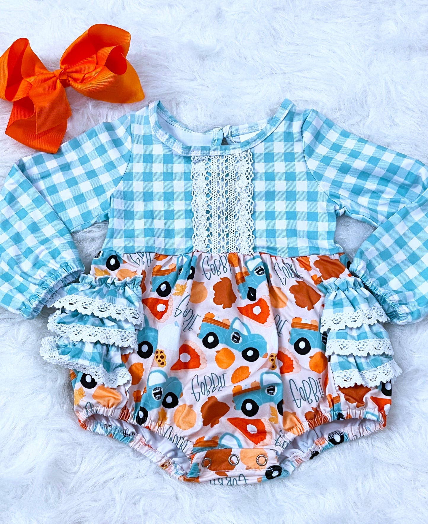 Pumpkin Trucks Lace Ruffle Bum Romper