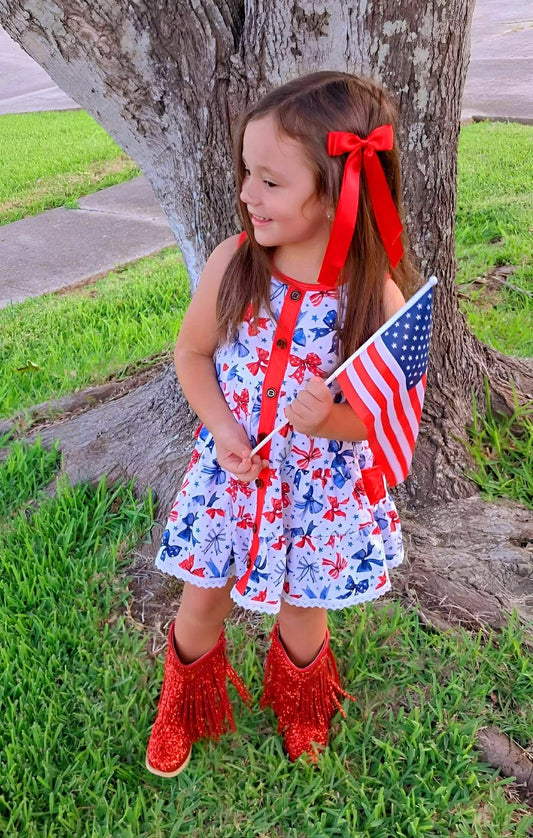 PATRIOTIC BOWS Tiered Lace Pocket Dress