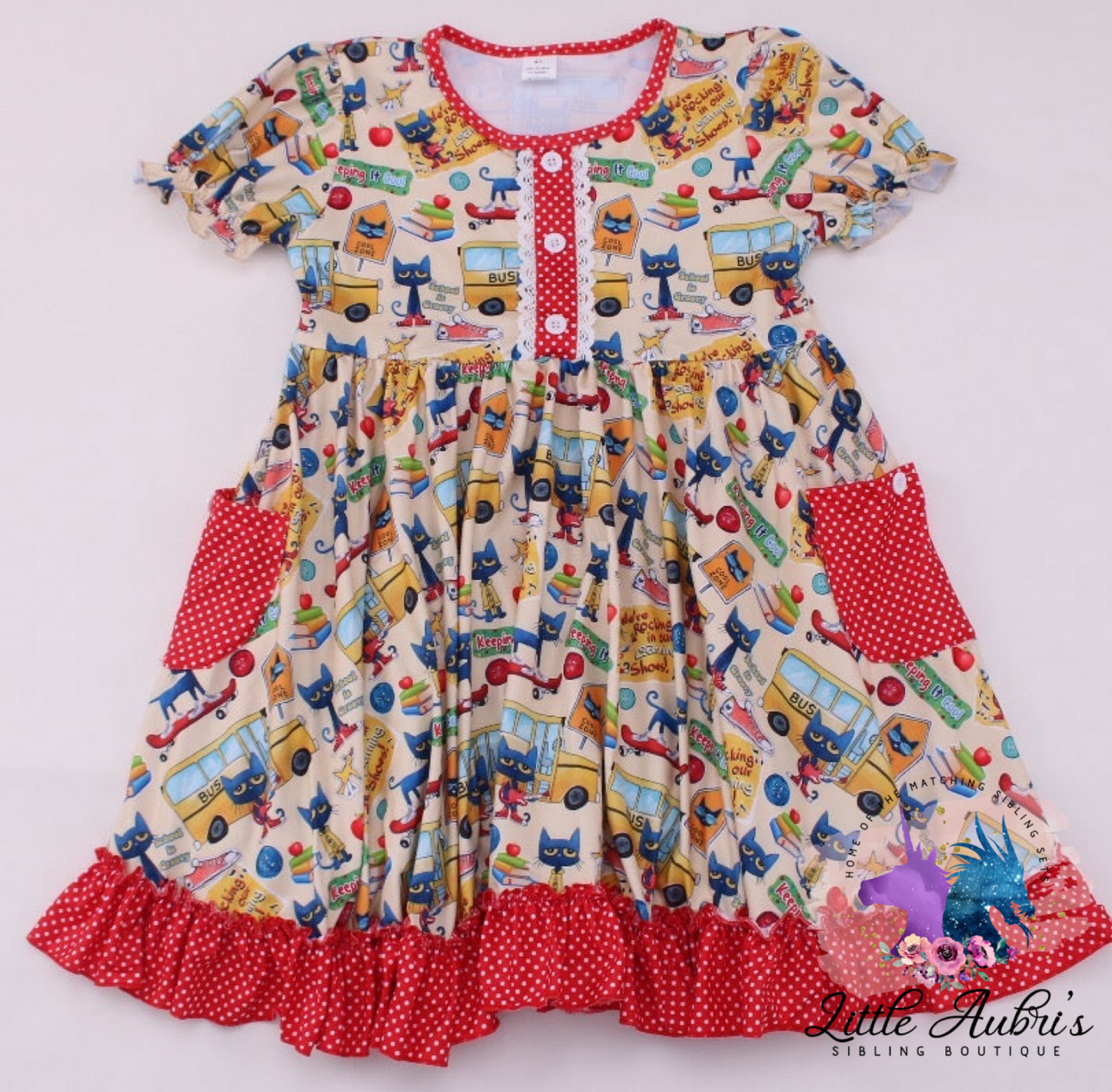 School Cat Lace Pocket Dress