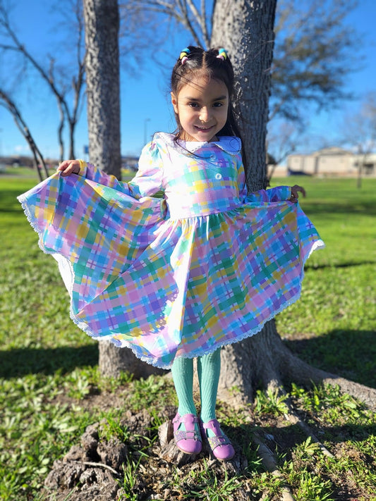 Pastel Plaid Long Sleeve Collar Lace Dress