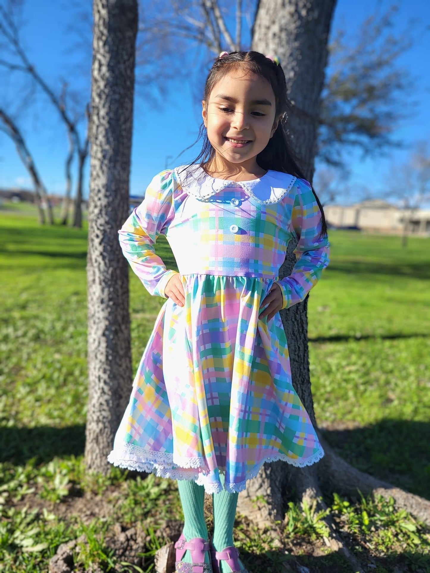 Pastel Plaid Long Sleeve Collar Lace Dress