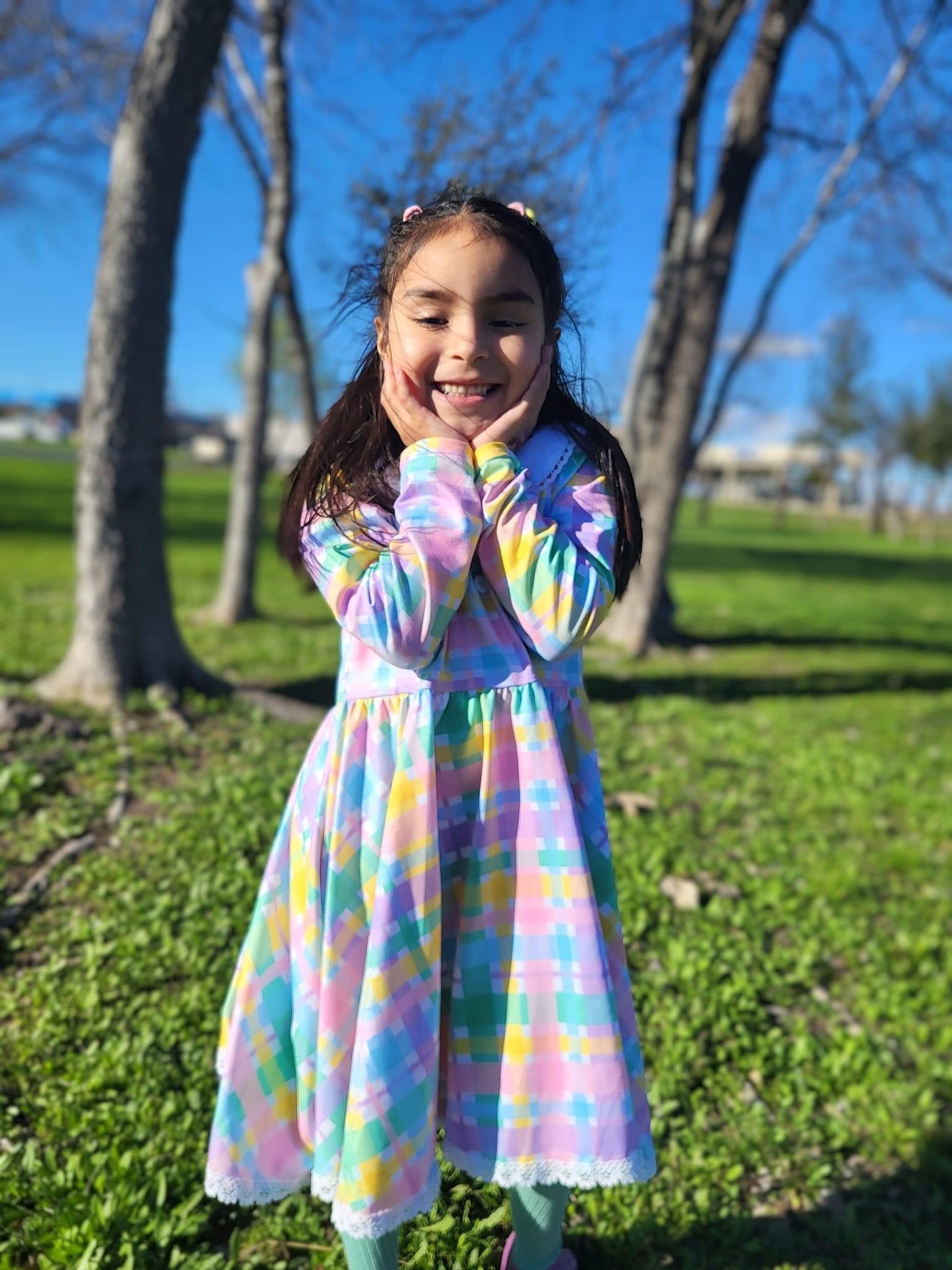 Pastel Plaid Long Sleeve Collar Lace Dress