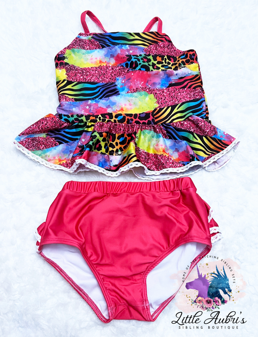 90s Rainbow Brushstrokes 2 PC Tankini Swimsuit