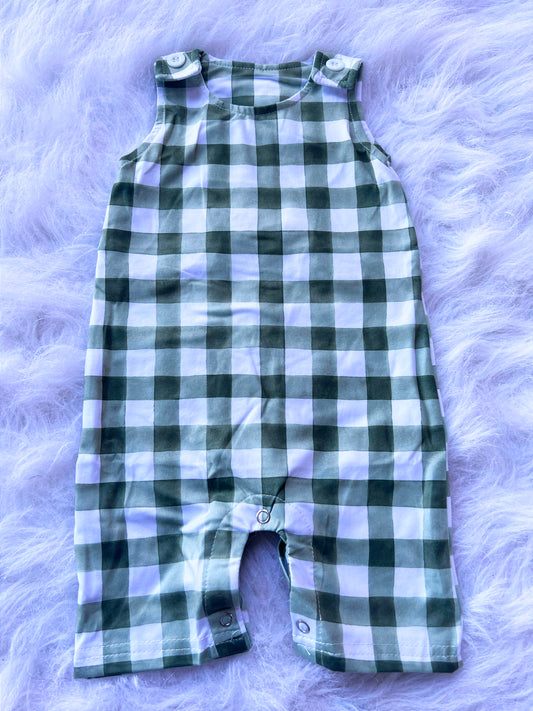 Green Plaid Button Shorts Romper