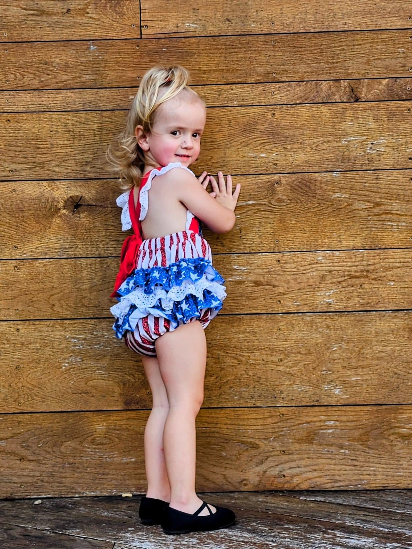 Glitter American Flag Lace Ruffle Romper
