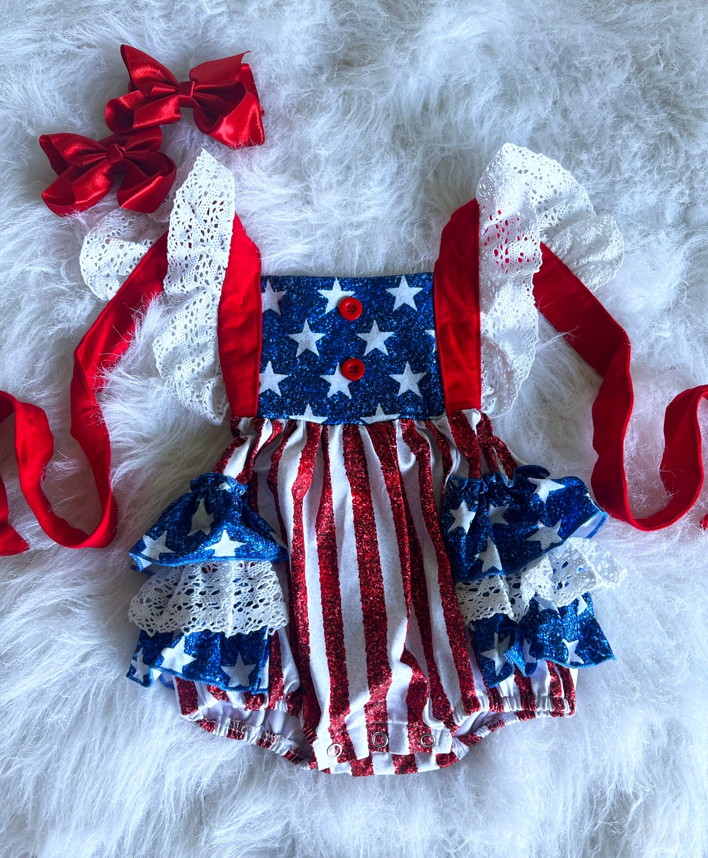Glitter American Flag Lace Ruffle Romper
