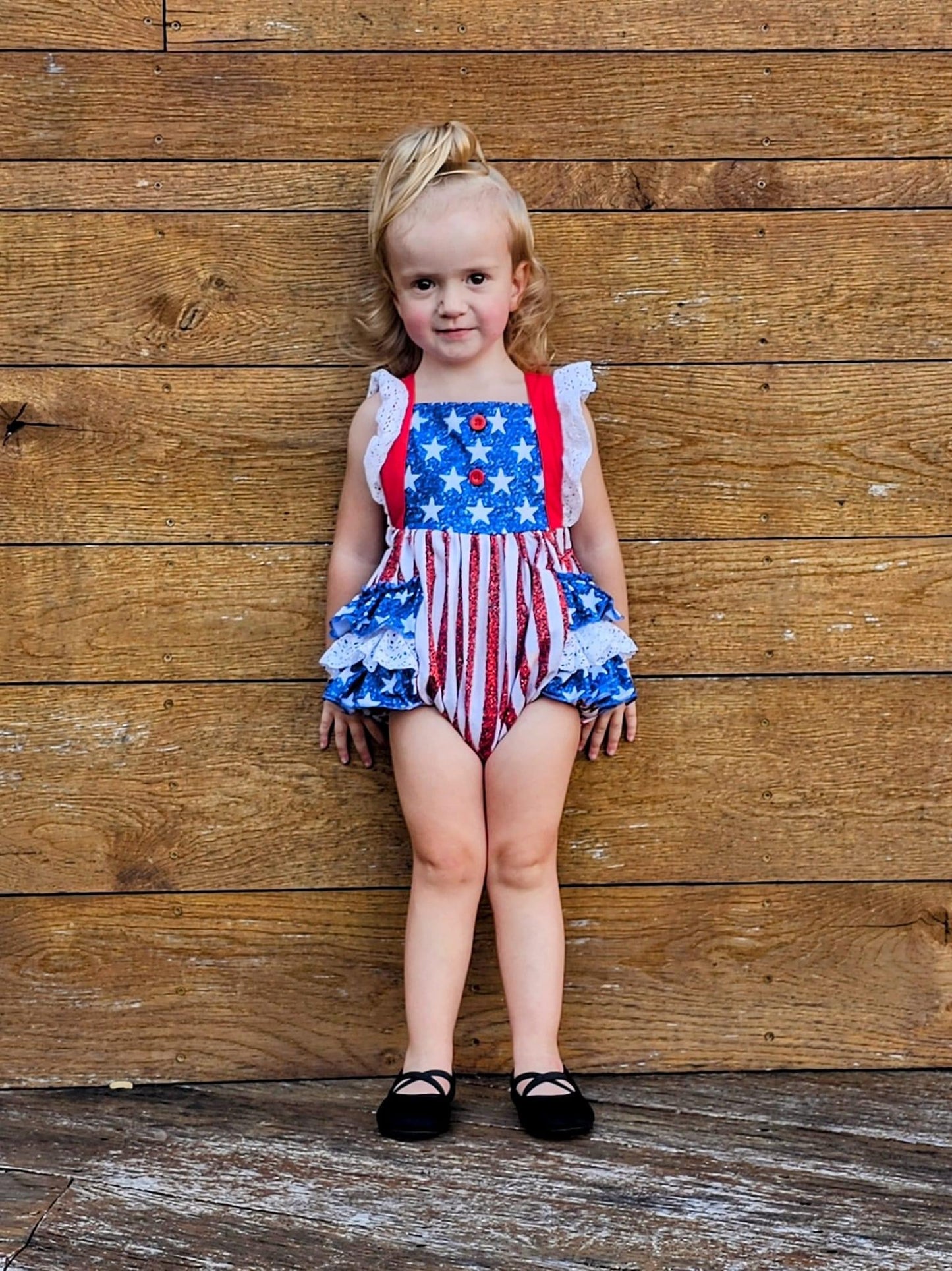 Glitter American Flag Lace Ruffle Romper
