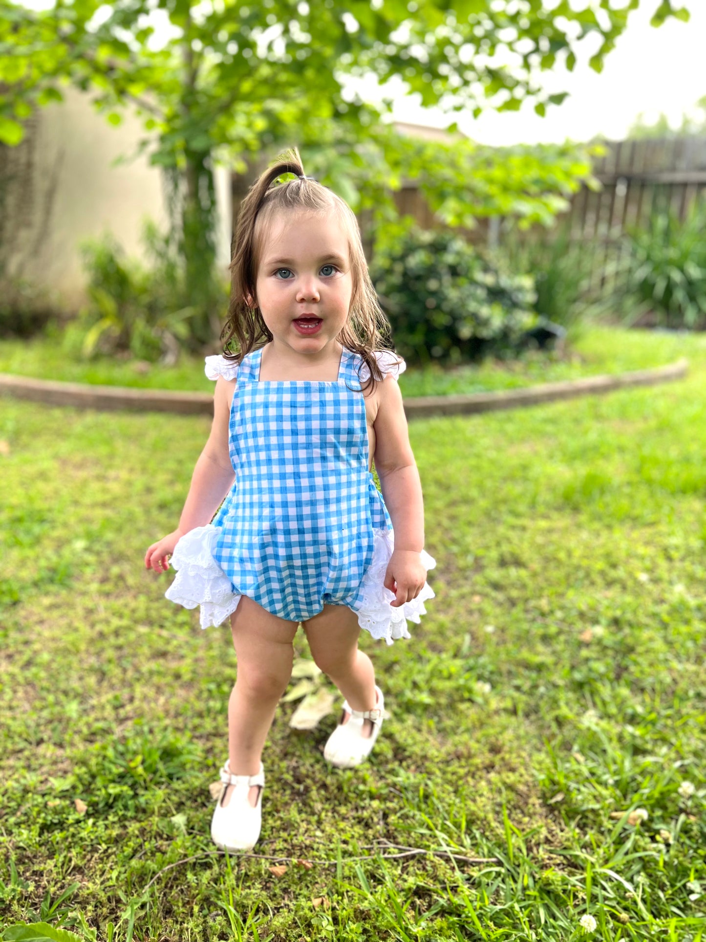 Blue Gingham Lace Ruffle Romper