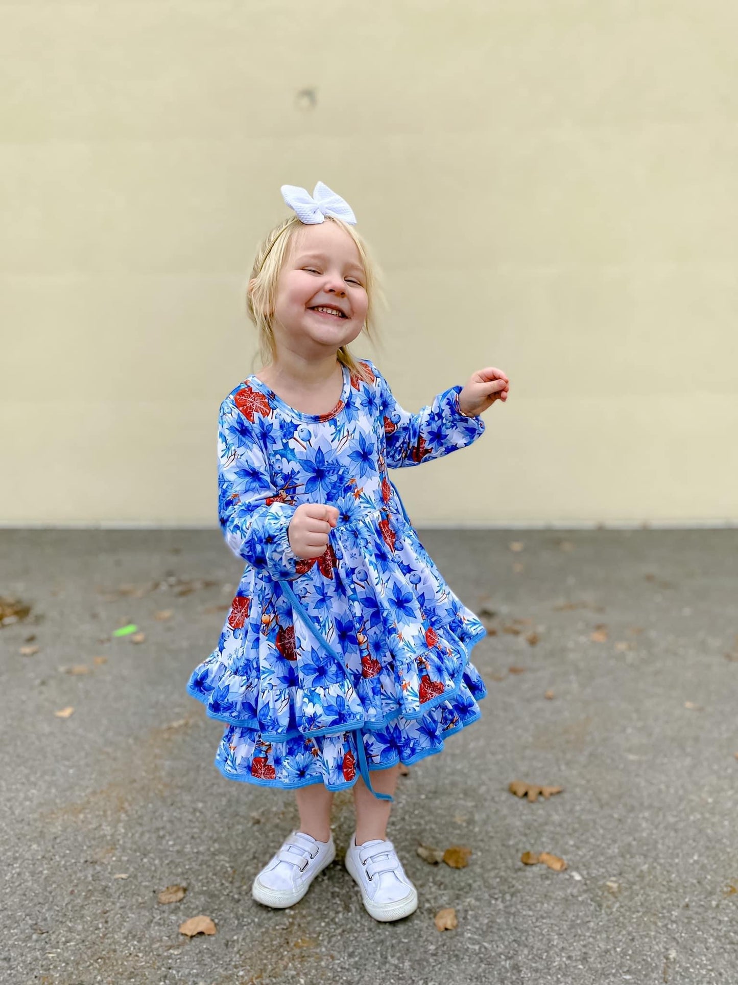 Winter Blue Floral Ruffle Dress