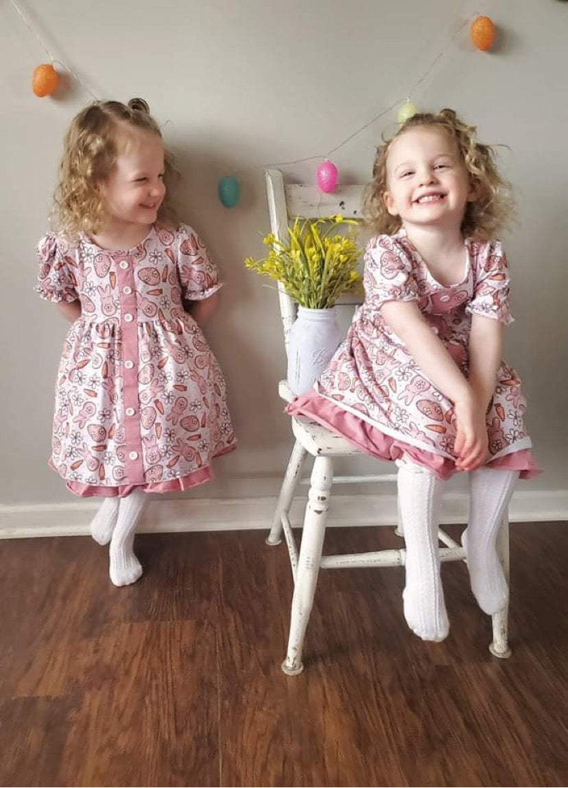 Pink Bunnies Button Ruffle Dress