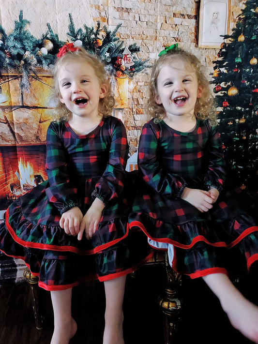 Red & Green Plaid Long Sleeve Ruffle Dress