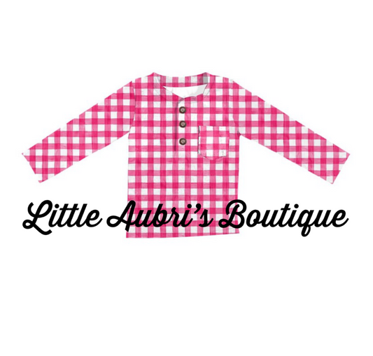Pink Gingham Wooden Button Henley