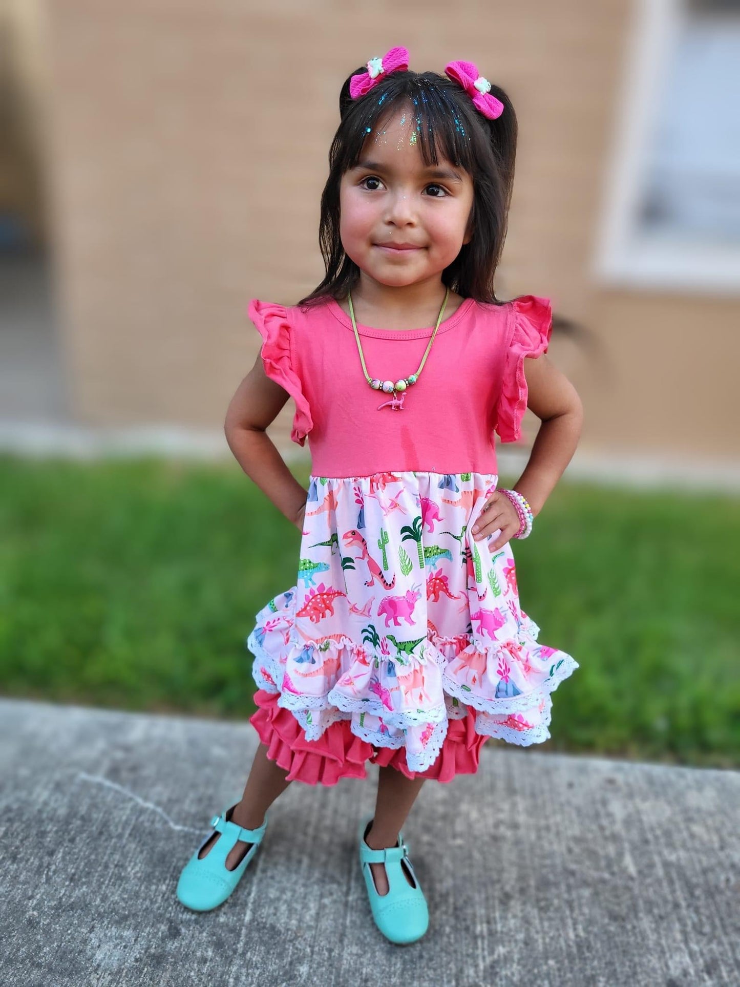 Pink Neon Dinos Tunic Lace Ruffle Shorts Set