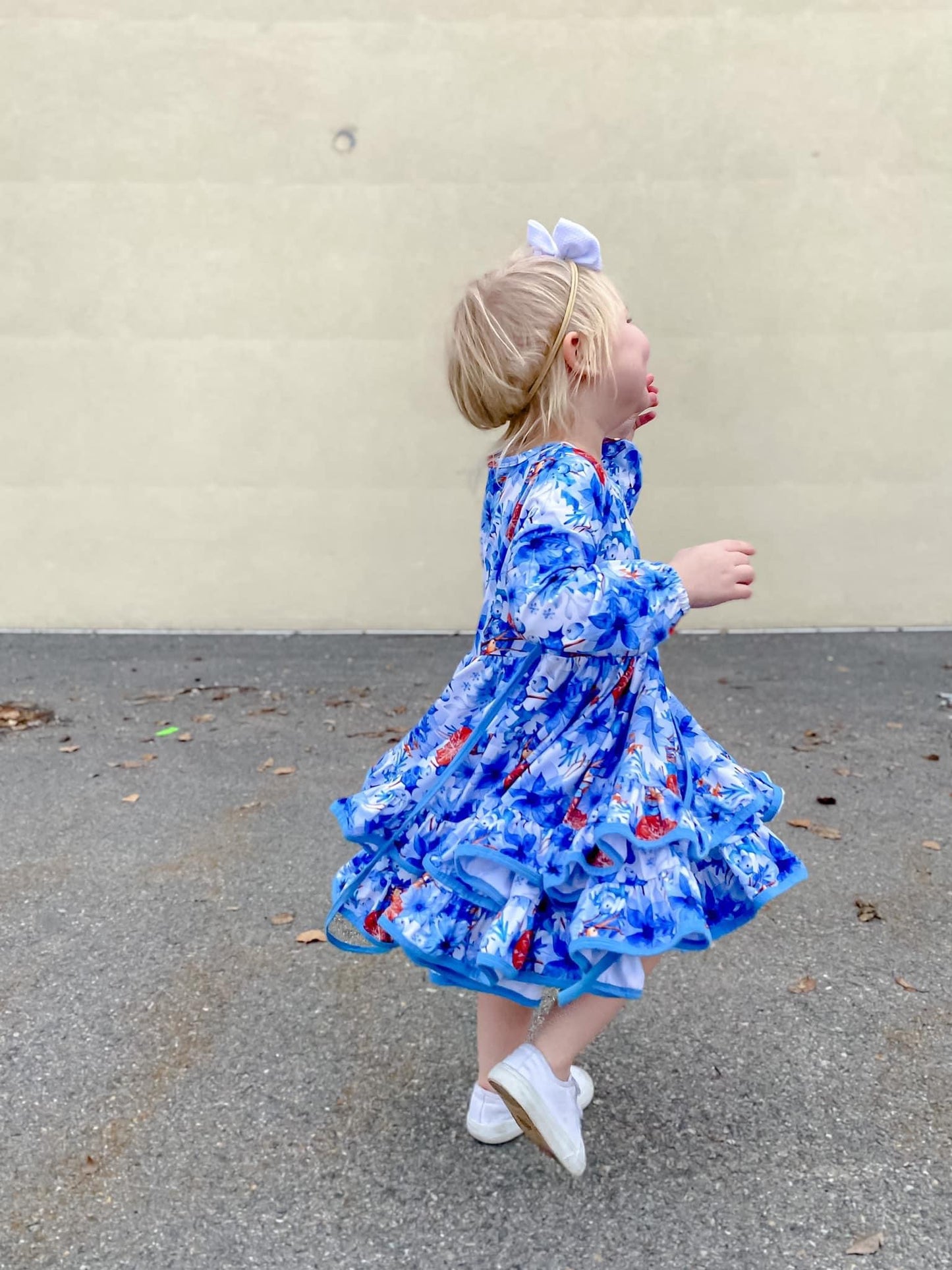 Winter Blue Floral Ruffle Dress