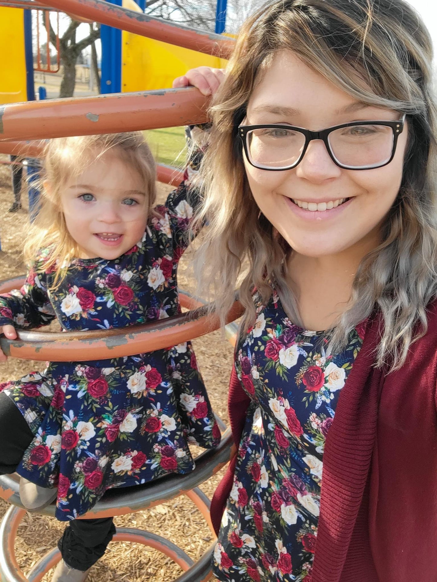 Dark Blue Floral Adult Long Sleeve Peplum