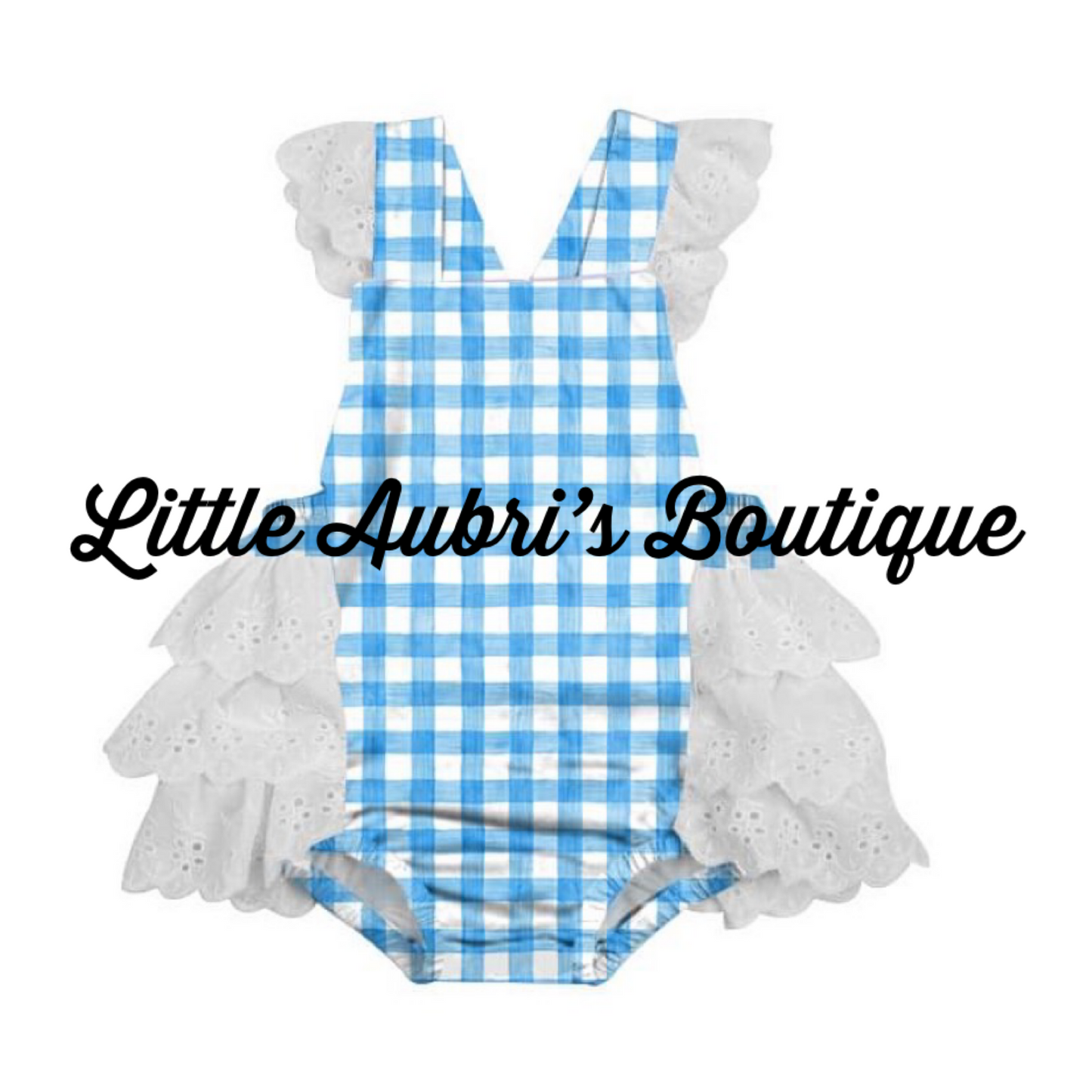 Blue Gingham Lace Ruffle Romper