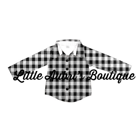 White & Black Plaid Long Sleeve Button Down Shirt