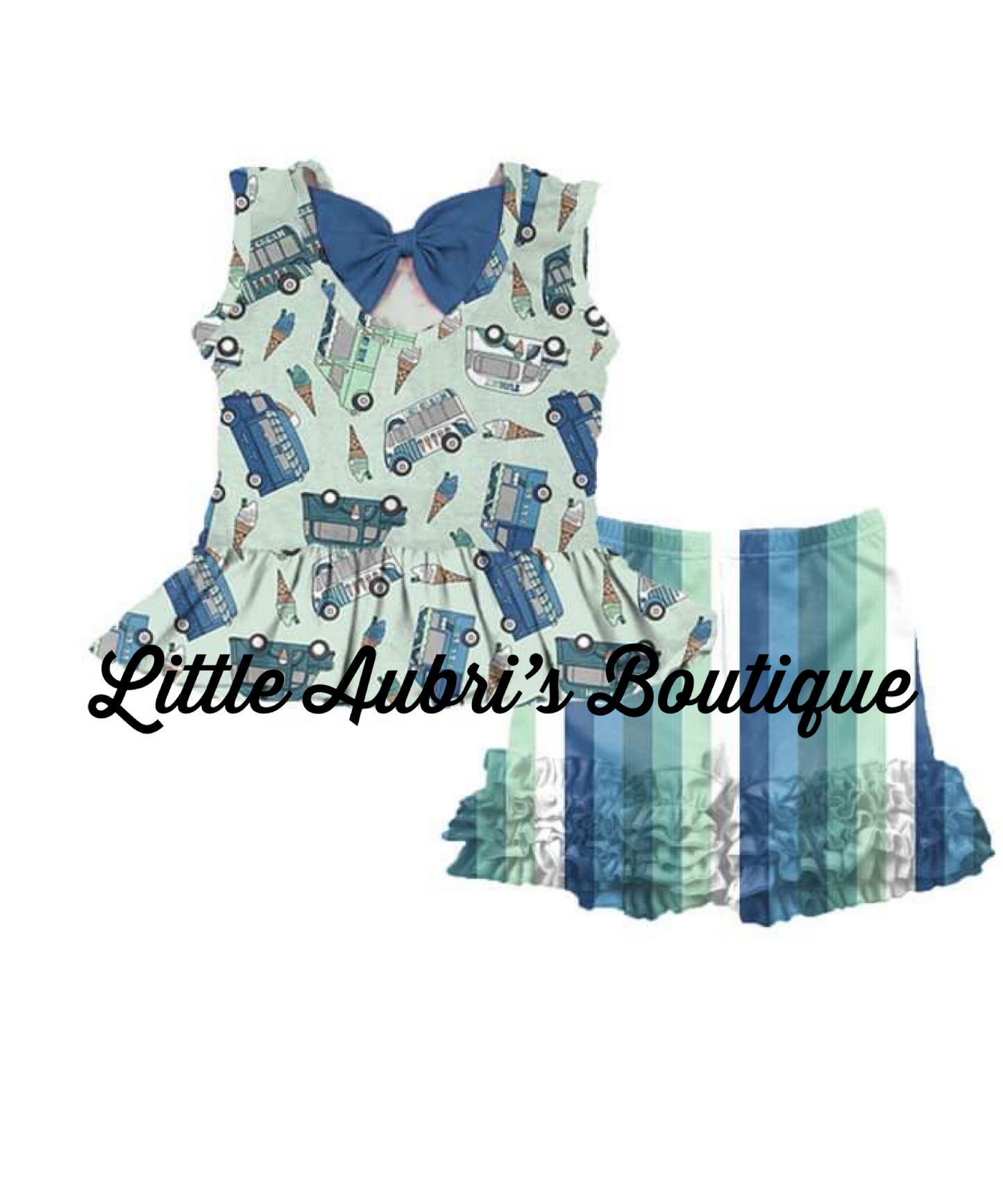 Vintage Mint Ice Cream Bow Back Peplum Ruffle Short Set