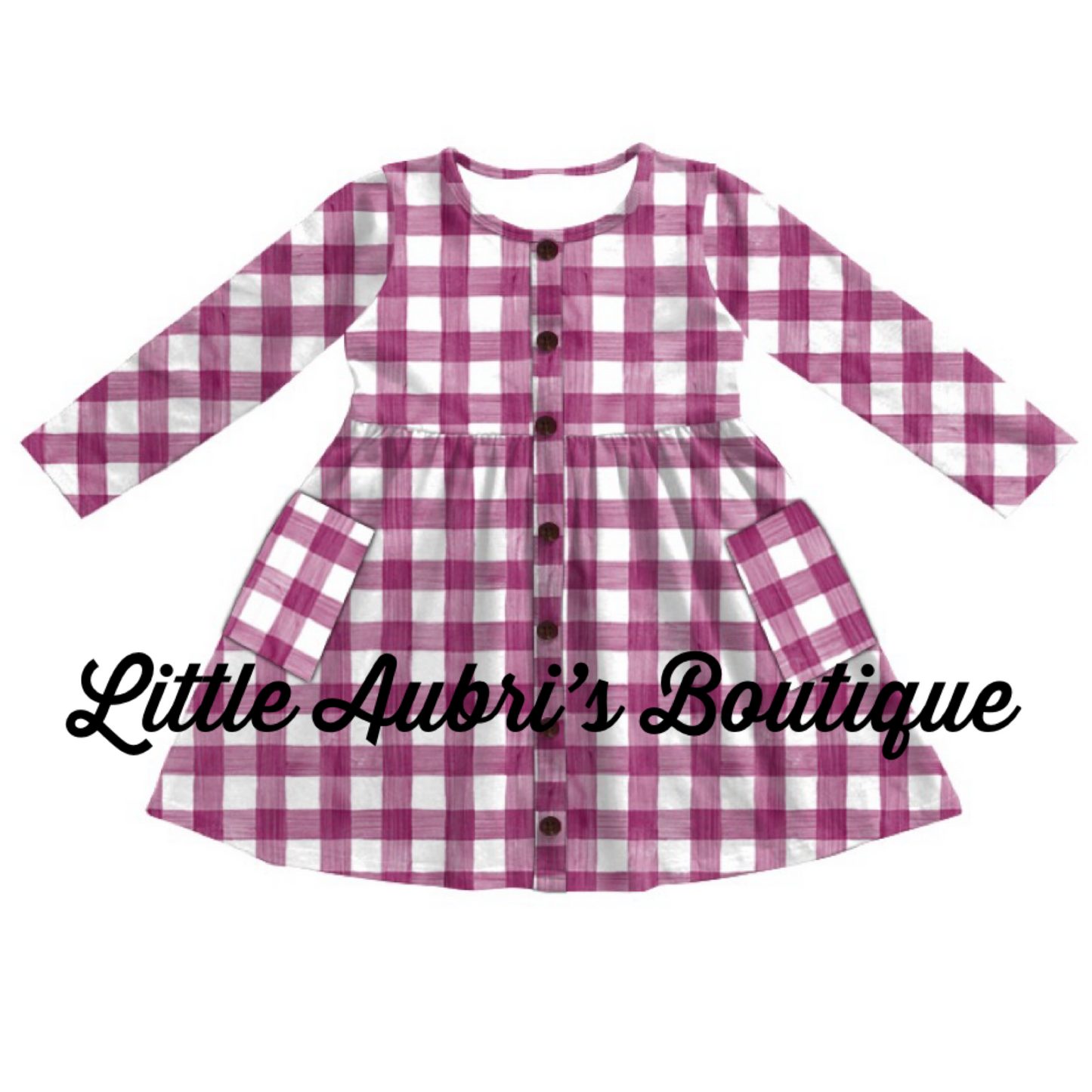 Purple Gingham Wooden Button Down Long Sleeve Pocket Dress