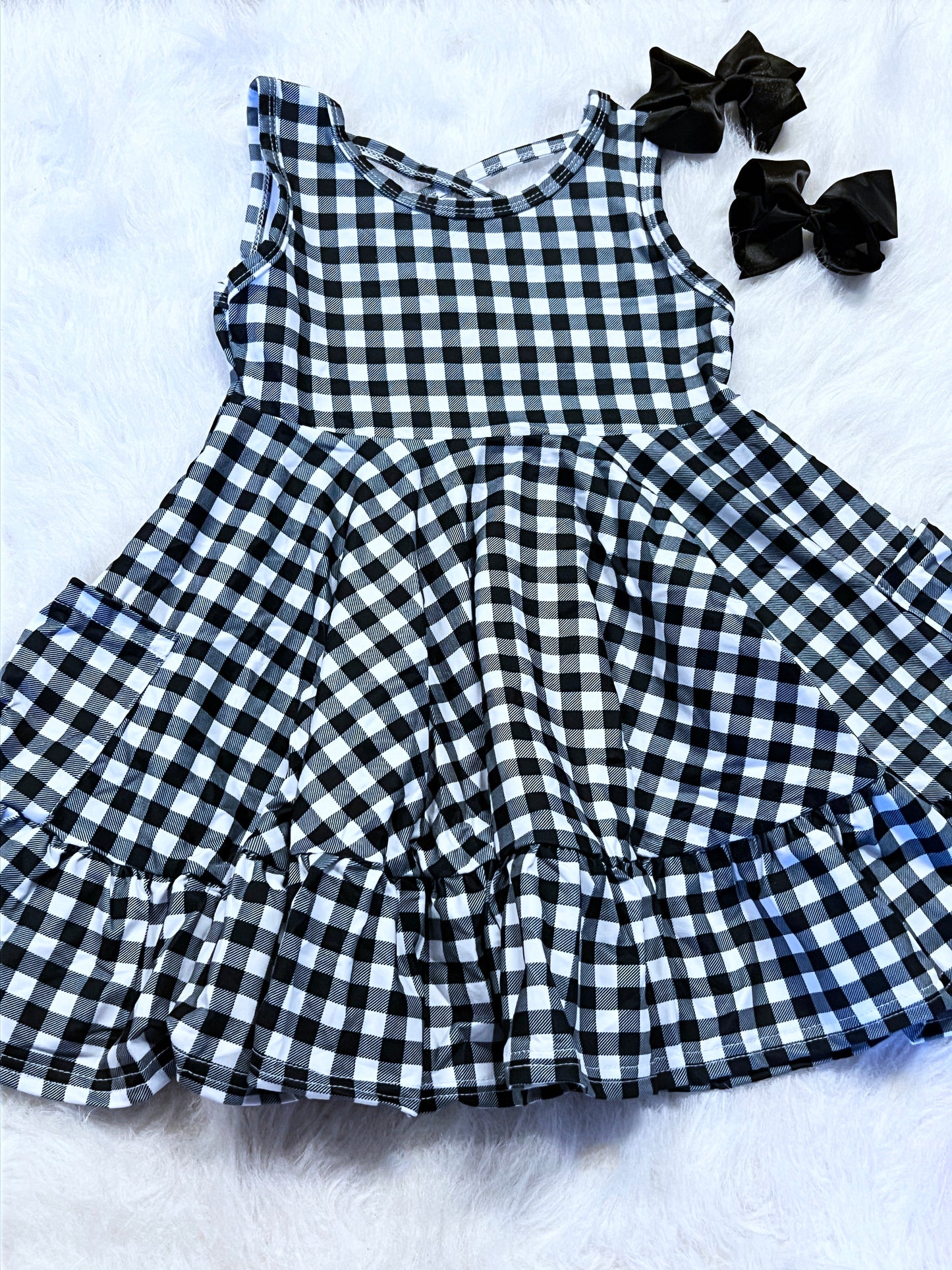 Black Gingham Cross Back Pocket Dress