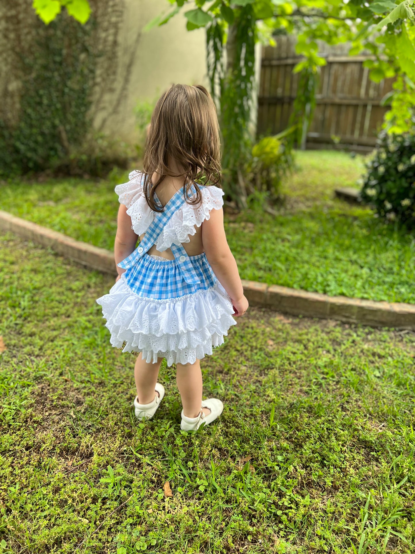 Blue Gingham Lace Ruffle Romper