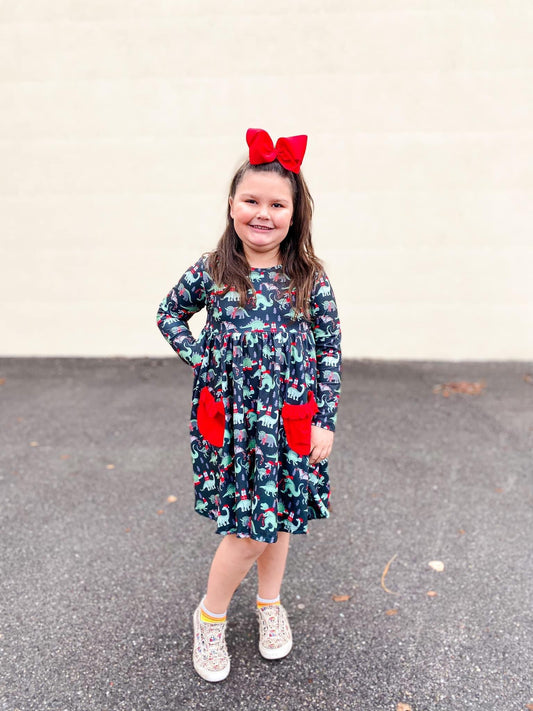 Holiday Dinos Long Sleeve Pocket Dress