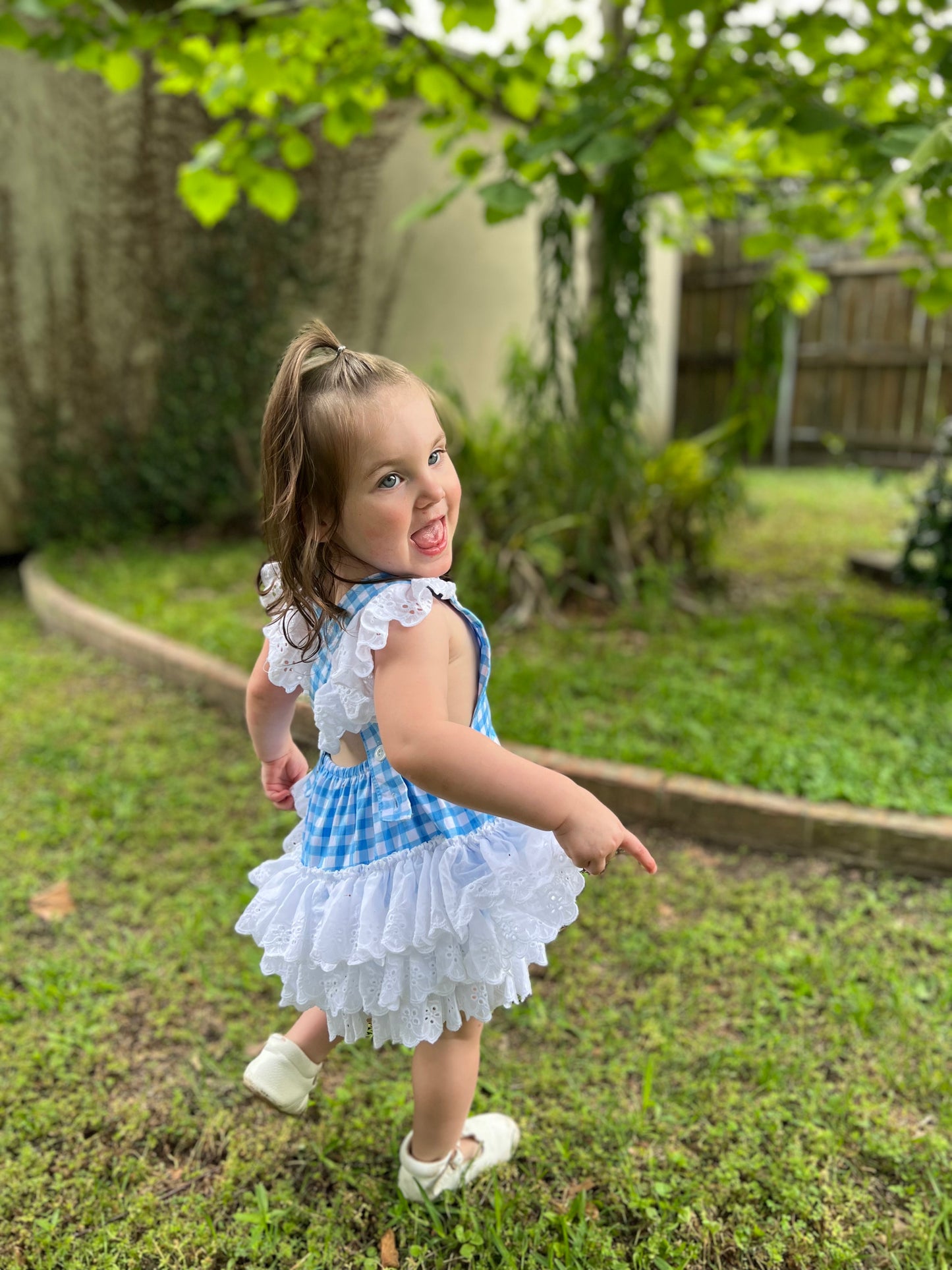 Blue Gingham Lace Ruffle Romper