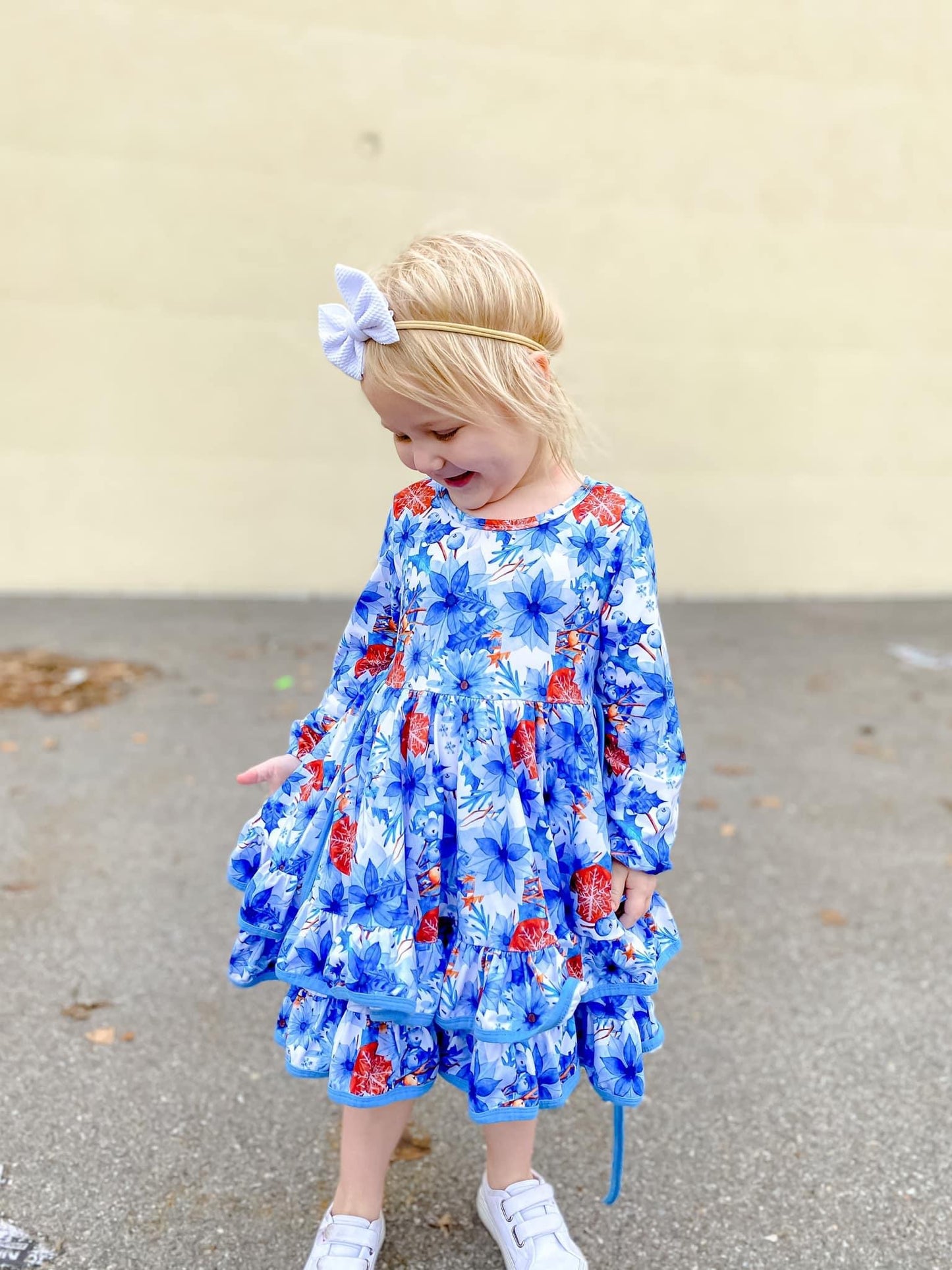Winter Blue Floral Ruffle Dress