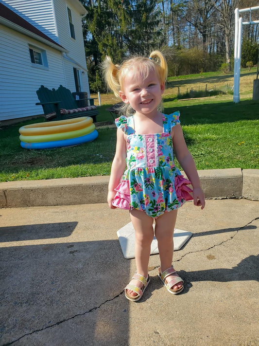 Flamingo Luau Lace Ruffle Romper