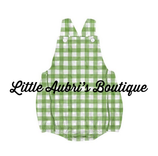 Light Green Plaid Button Romper