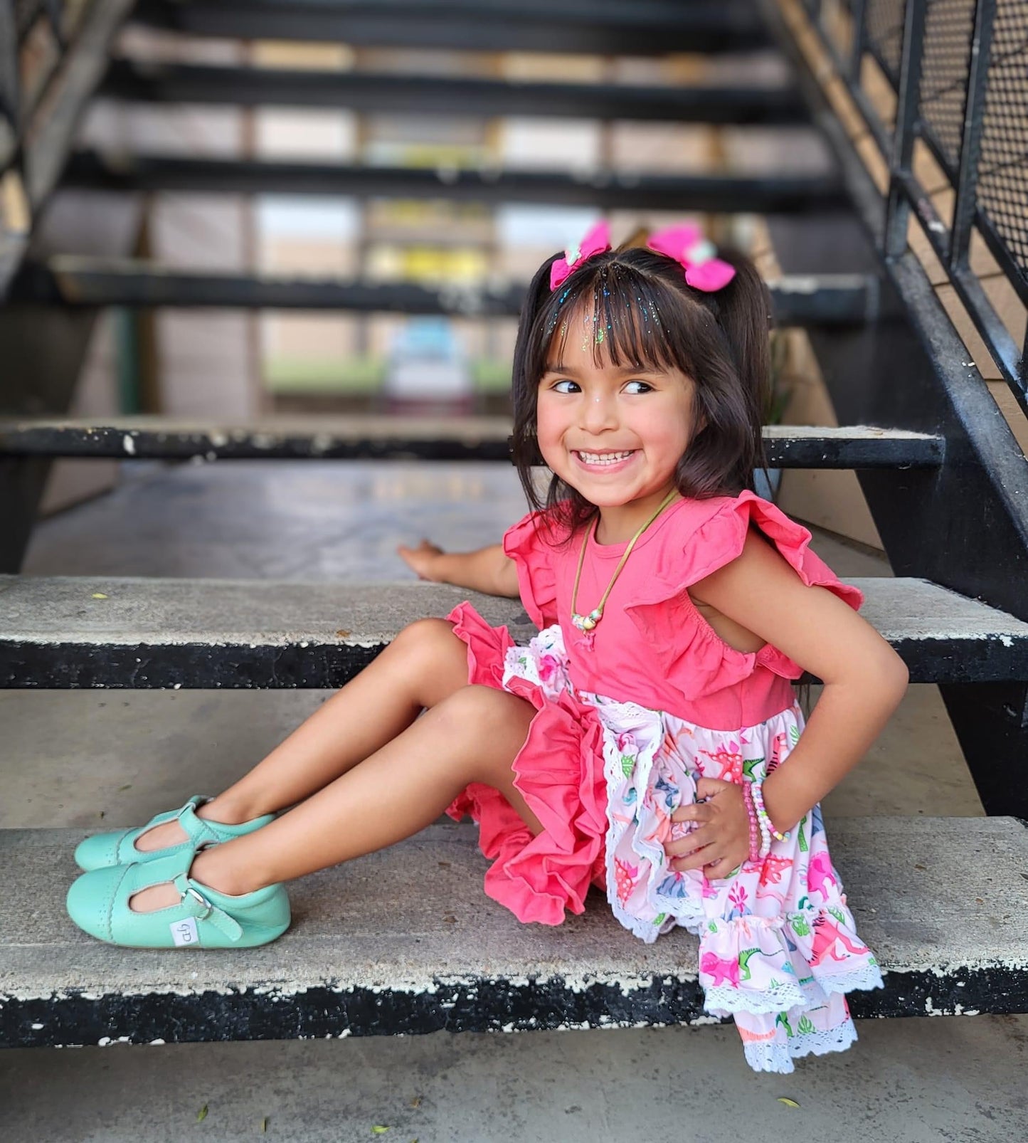 Pink Neon Dinos Tunic Lace Ruffle Shorts Set