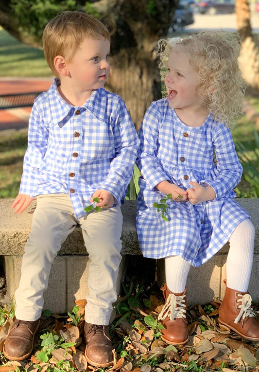 Blue Cornflower Winter Buffalo Button Down Hidden Pocket Dress