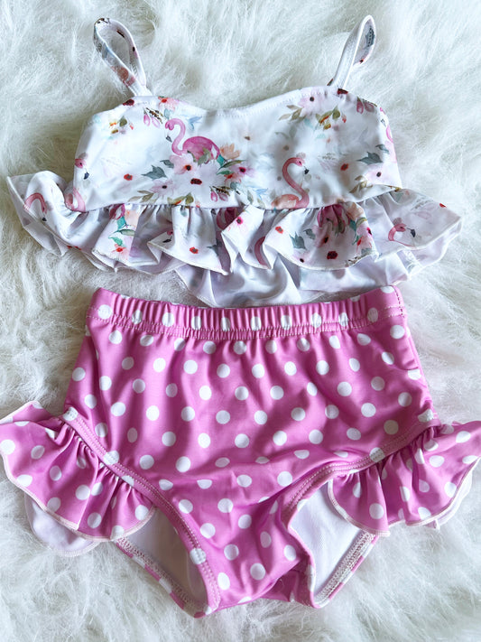 Floral Flamingos Print 2 Piece Swimsuit Set